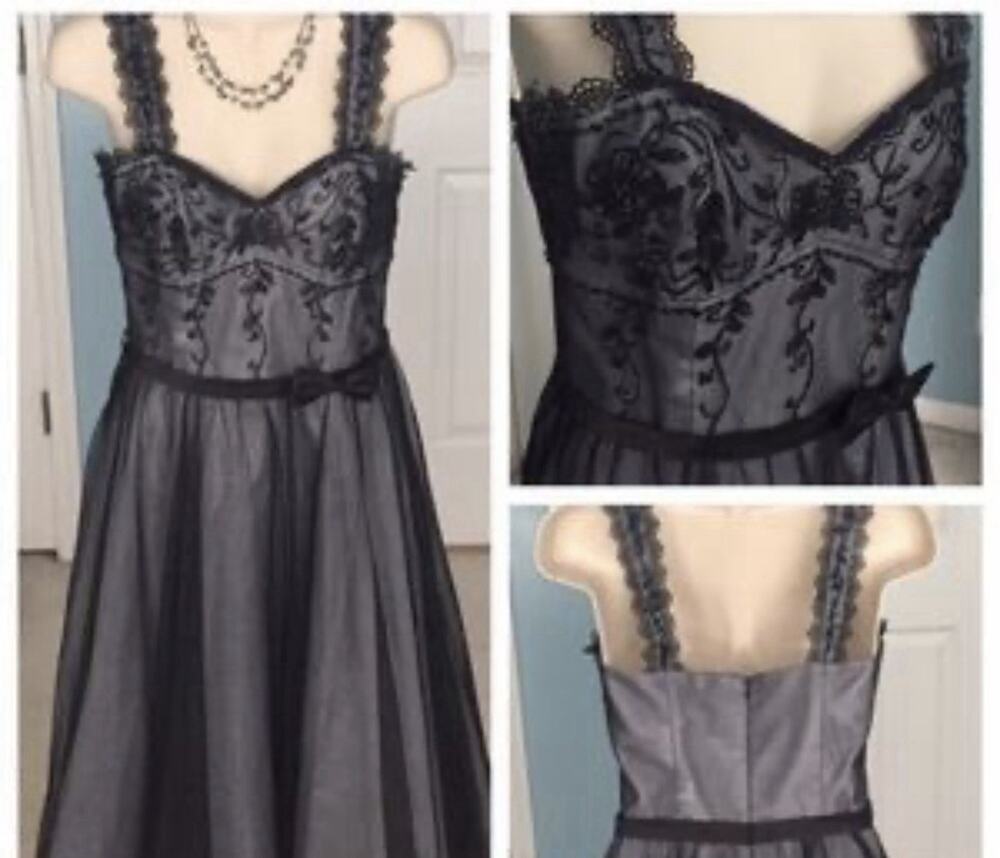 De Laru Beaded Vintage style 50s Black Beaded Square Neck Belted Swing sz 13
